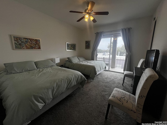 bedroom featuring ceiling fan, carpet floors, access to outside, and lofted ceiling