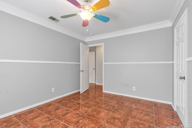 unfurnished bedroom featuring baseboards, visible vents, a ceiling fan, dark tile patterned flooring, and crown molding