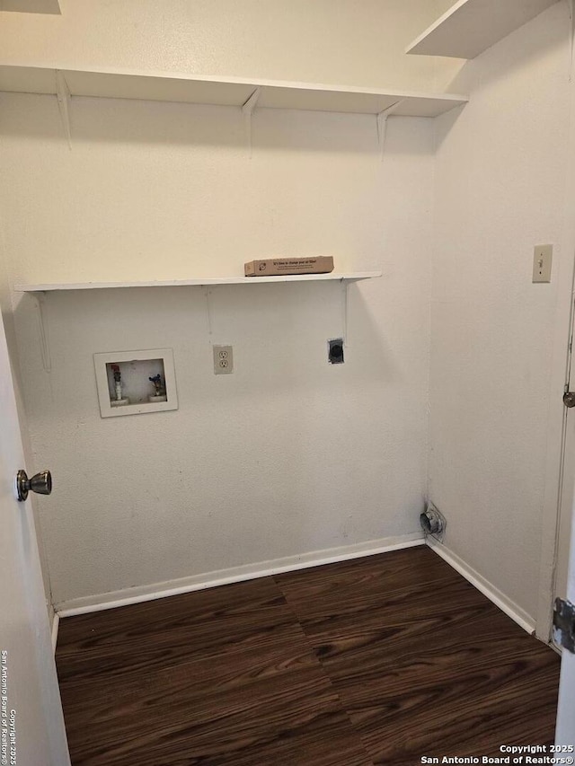 washroom with laundry area, washer hookup, dark wood-style flooring, baseboards, and electric dryer hookup