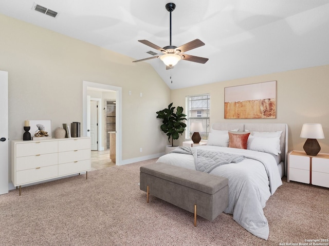 bedroom with visible vents, a ceiling fan, light carpet, vaulted ceiling, and baseboards