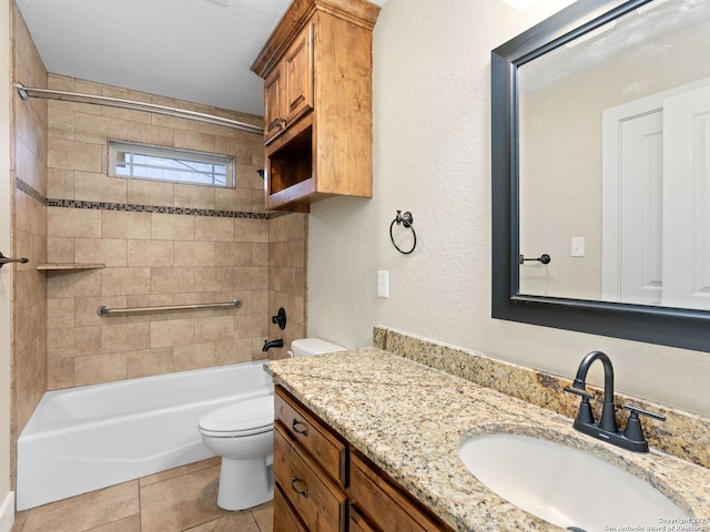 full bathroom featuring bathing tub / shower combination, a textured wall, toilet, vanity, and tile patterned flooring