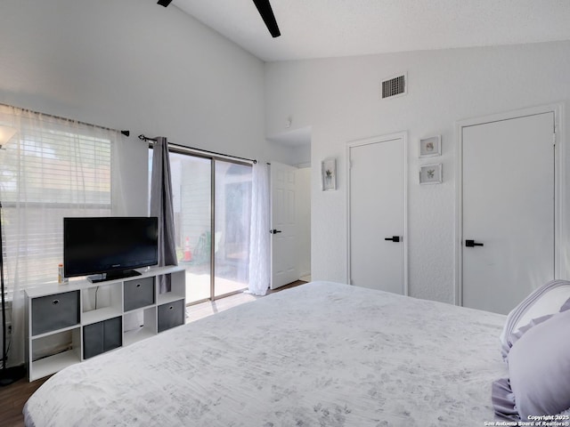 bedroom featuring lofted ceiling, access to outside, multiple windows, and visible vents