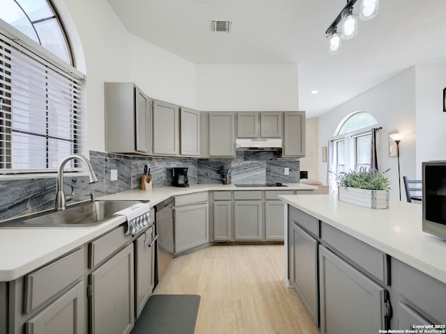 kitchen featuring gray cabinetry, under cabinet range hood, a sink, light countertops, and stainless steel dishwasher