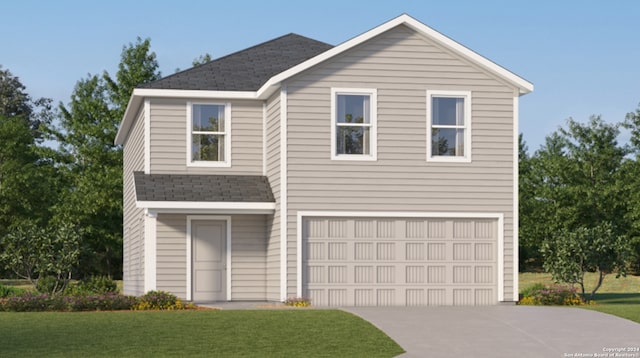 traditional home featuring a garage, driveway, a shingled roof, and a front lawn