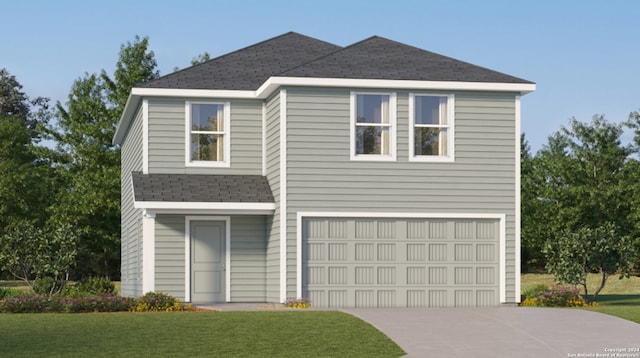 view of front of house with concrete driveway, a shingled roof, an attached garage, and a front yard