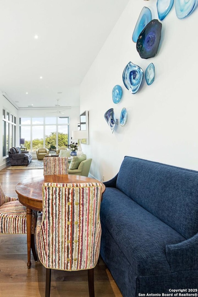 living room featuring recessed lighting and wood finished floors