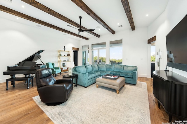 living area featuring visible vents, baseboards, wood finished floors, and beamed ceiling