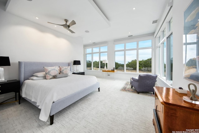 bedroom with recessed lighting, visible vents, and ceiling fan