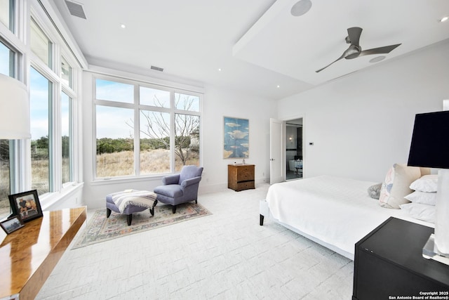 bedroom featuring carpet, visible vents, ceiling fan, and recessed lighting