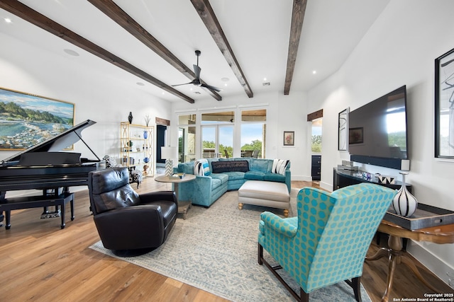 living area with baseboards, ceiling fan, wood finished floors, beam ceiling, and recessed lighting