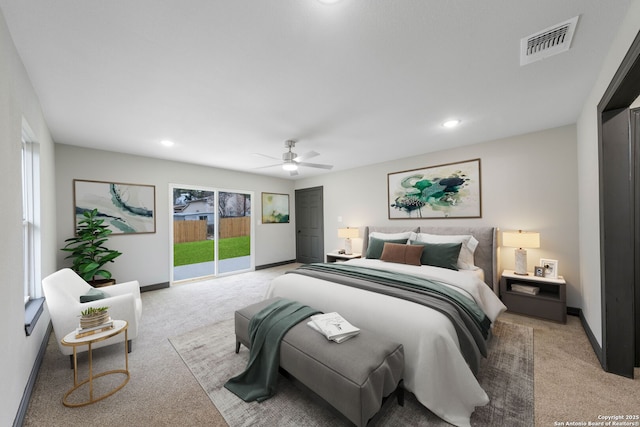 bedroom featuring light carpet, a ceiling fan, baseboards, visible vents, and access to exterior