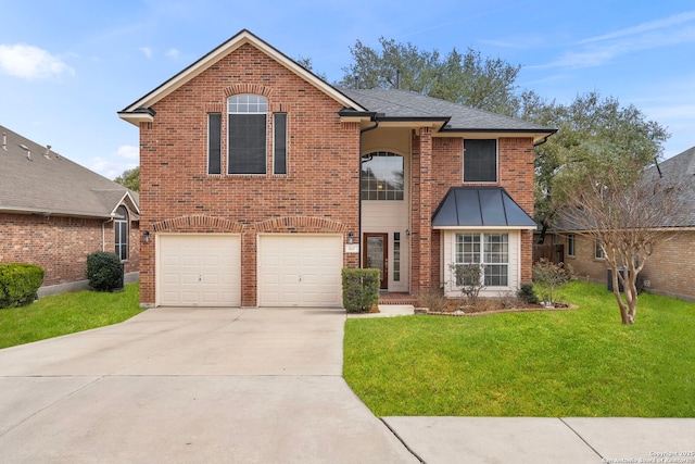 view of front facade with brick siding, roof with shingles, concrete driveway, a garage, and a front lawn