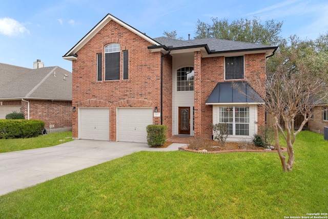 view of front facade featuring brick siding, roof with shingles, concrete driveway, an attached garage, and a front lawn