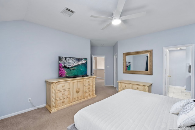 bedroom featuring visible vents, ceiling fan, light carpet, and baseboards