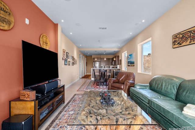 tiled living room featuring baseboards, wine cooler, visible vents, and recessed lighting