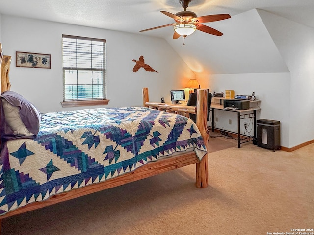 bedroom featuring light carpet, ceiling fan, vaulted ceiling, and baseboards