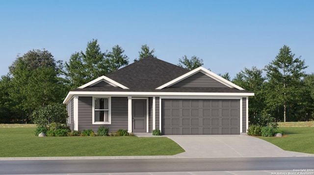 ranch-style home with a garage, a shingled roof, concrete driveway, and a front yard