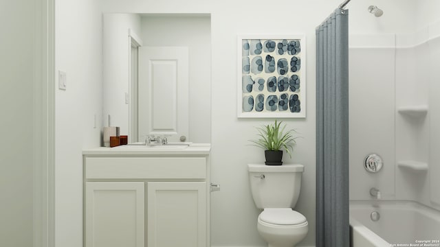 bathroom with toilet, shower / tub combo with curtain, and vanity