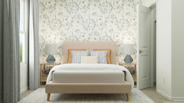 bedroom with baseboards, light colored carpet, and wallpapered walls