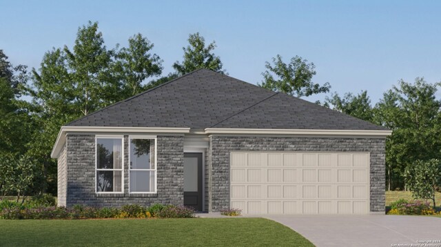 10317 Bridgton Ml, San Antonio, TX 78254 - ranch-style home featuring an attached garage, driveway, a shingled roof, and a front yard