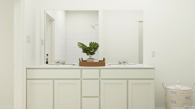 10317 Bridgton Ml, San Antonio, TX 78254 - bathroom with double vanity, a sink, and decorative backsplash