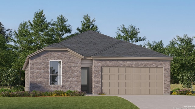 view of front of property with brick siding, a shingled roof, concrete driveway, a front yard, and a garage