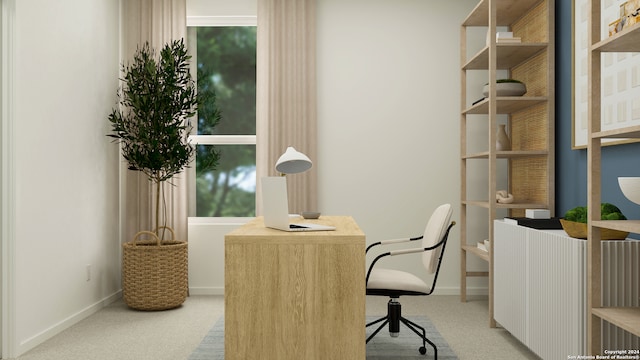 office space featuring baseboards, radiator, and light colored carpet