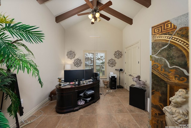 office space featuring baseboards, high vaulted ceiling, ceiling fan, and beamed ceiling