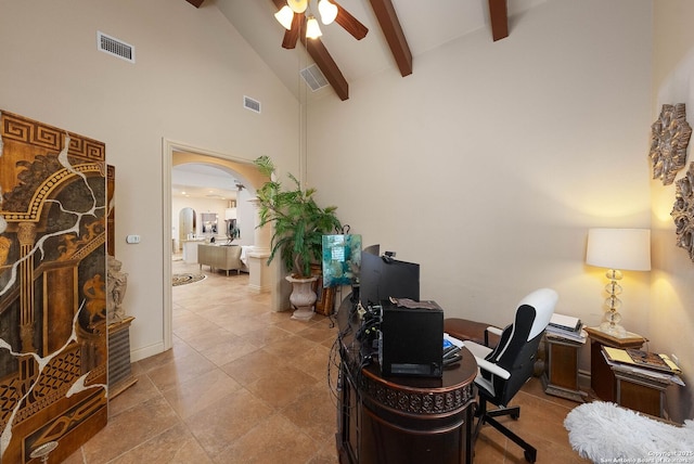 office area with arched walkways, beam ceiling, visible vents, and a ceiling fan