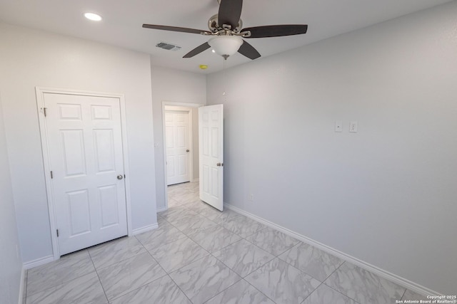 unfurnished bedroom with recessed lighting, a ceiling fan, baseboards, visible vents, and marble finish floor