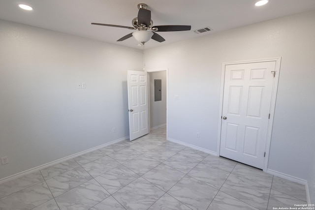 spare room featuring baseboards, a ceiling fan, visible vents, and recessed lighting