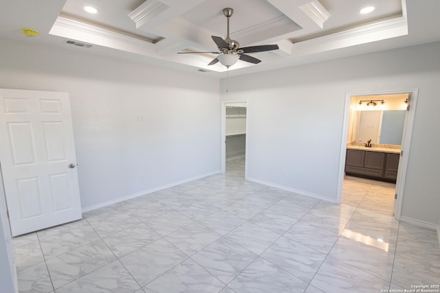 empty room with baseboards, visible vents, coffered ceiling, ornamental molding, and marble finish floor