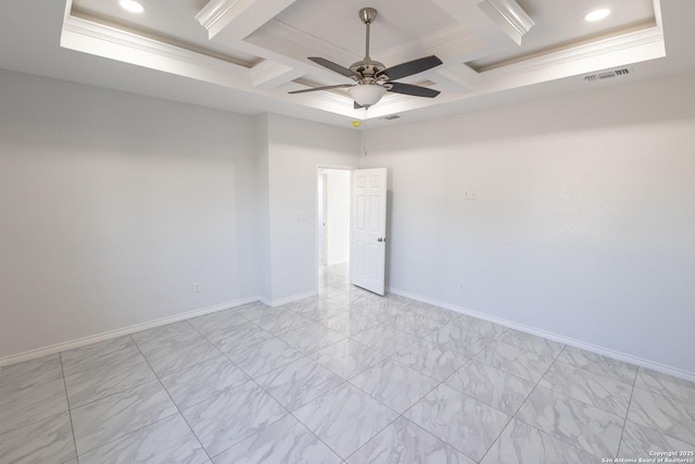 empty room featuring baseboards, visible vents, coffered ceiling, ornamental molding, and recessed lighting