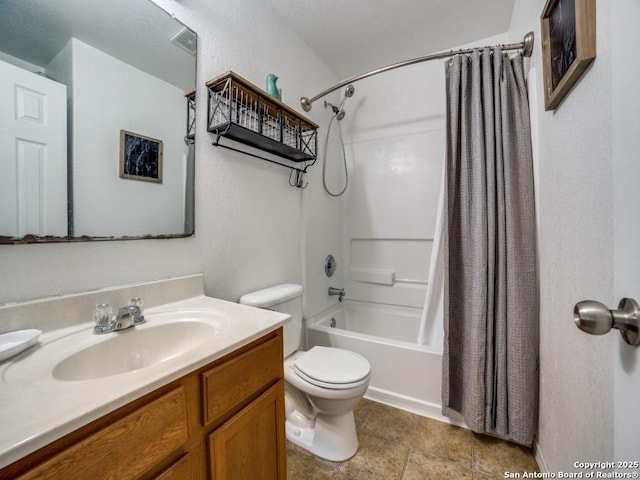 full bathroom with shower / bath combination with curtain, vanity, toilet, and tile patterned floors