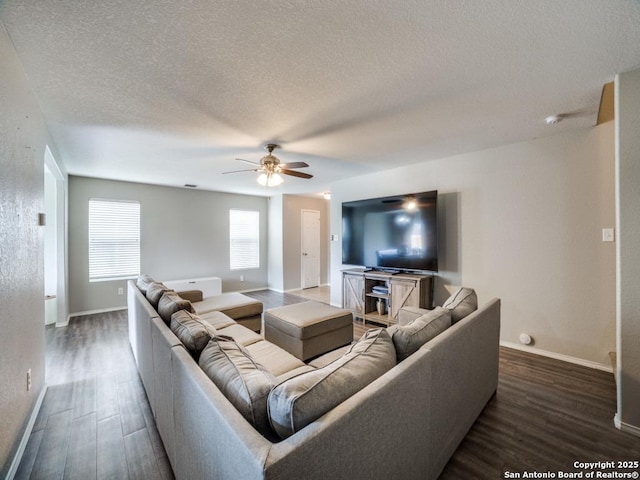 living area featuring baseboards, dark wood finished floors, and a textured ceiling