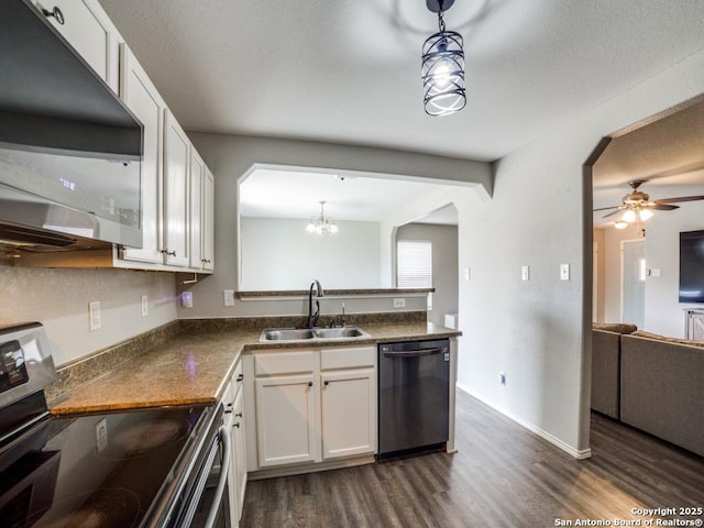 kitchen featuring black dishwasher, white cabinets, electric stove, hanging light fixtures, and a sink