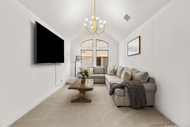 living room featuring vaulted ceiling, carpet floors, visible vents, and an inviting chandelier