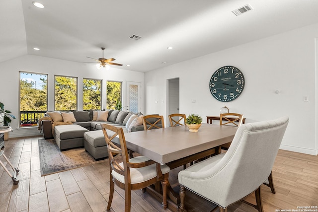 dining room with light wood-style flooring, visible vents, baseboards, and recessed lighting