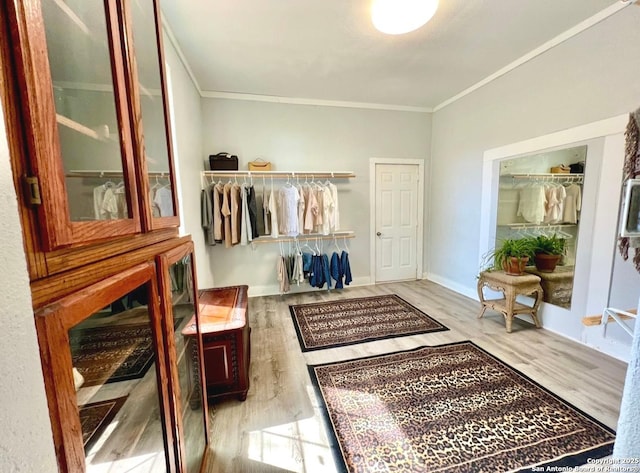 interior space featuring light wood-style flooring, ornamental molding, and baseboards