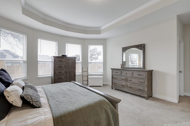 bedroom featuring a raised ceiling, light carpet, and multiple windows