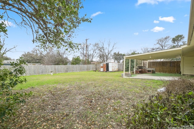 view of yard with a patio area, a fenced backyard, an outdoor structure, and a storage unit