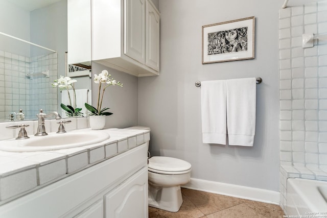 full bath with baseboards, toilet, tile patterned floors, bathtub / shower combination, and vanity