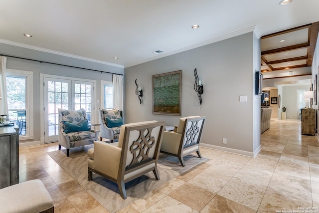 sitting room featuring baseboards, visible vents, crown molding, and recessed lighting