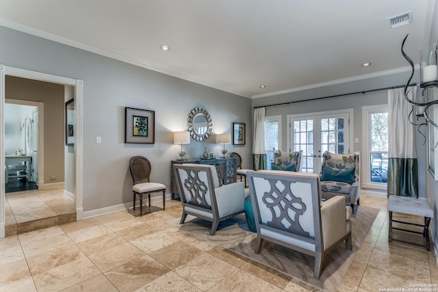 living area featuring ornamental molding, french doors, visible vents, and a healthy amount of sunlight