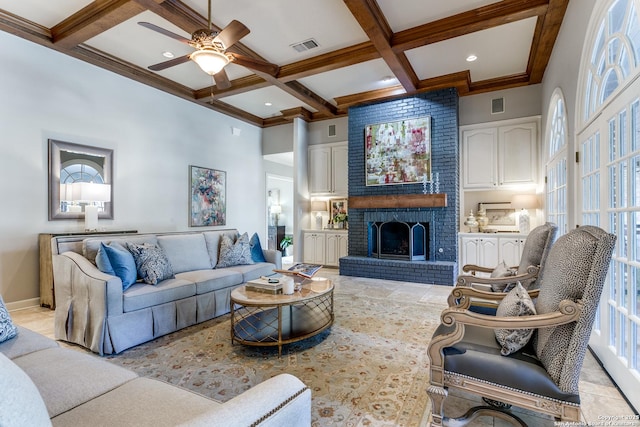 living room with a brick fireplace, a high ceiling, coffered ceiling, and beam ceiling