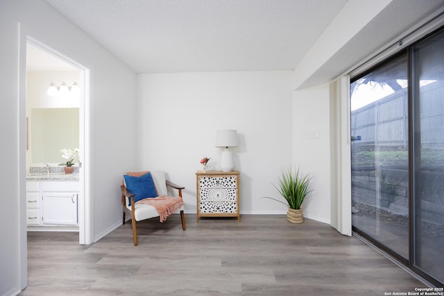 living area with baseboards, a textured ceiling, and light wood-style floors