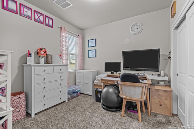 office area featuring light colored carpet and visible vents