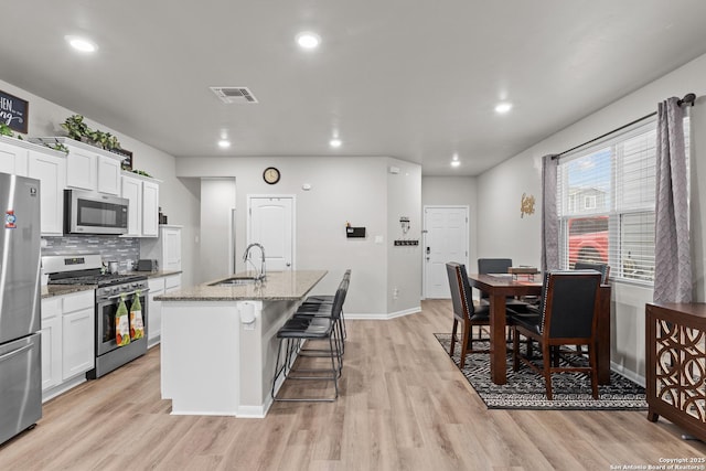 kitchen featuring visible vents, white cabinets, an island with sink, stainless steel appliances, and a sink