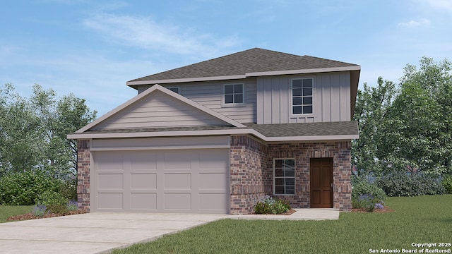 view of front of property with a garage, brick siding, concrete driveway, board and batten siding, and a front yard