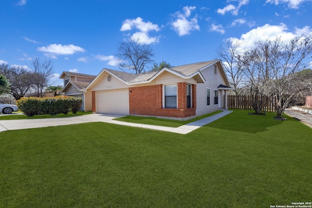 exterior space featuring a front yard, concrete driveway, brick siding, and an attached garage